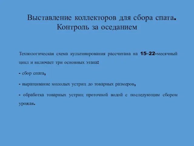 Выставление коллекторов для сбора спата. Контроль за оседанием Технологическая схема культивирования рассчитана