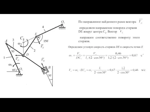 По направлению найденного ранее вектора определяем направление поворота стержня DE вокруг центра