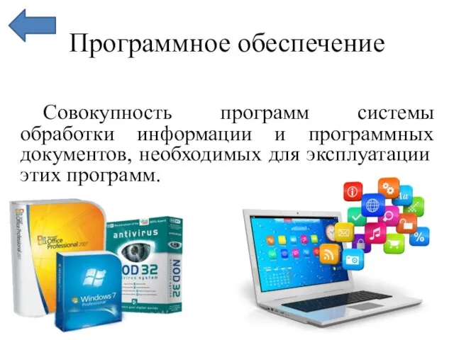 Программное обеспечение Совокупность программ системы обработки информации и программных документов, необходимых для эксплуатации этих программ.