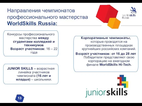 Направления чемпионатов профессионального мастерства WorldSkills Russia: 13 Конкурсы профессионального мастерства между студентами