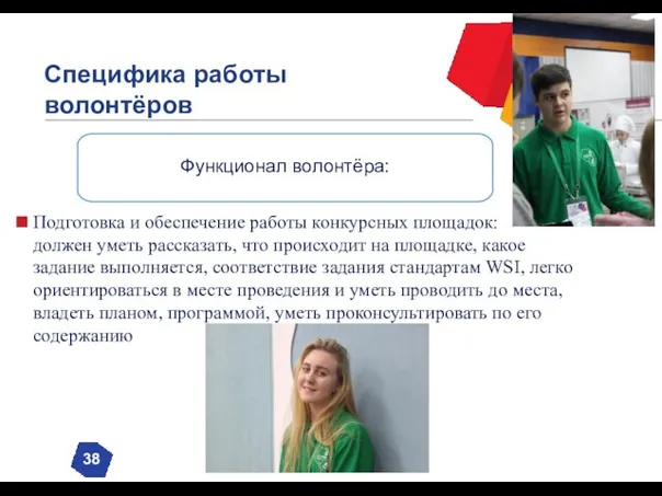 Специфика работы волонтёров 38 Функционал волонтёра: Подготовка и обеспечение работы конкурсных площадок: