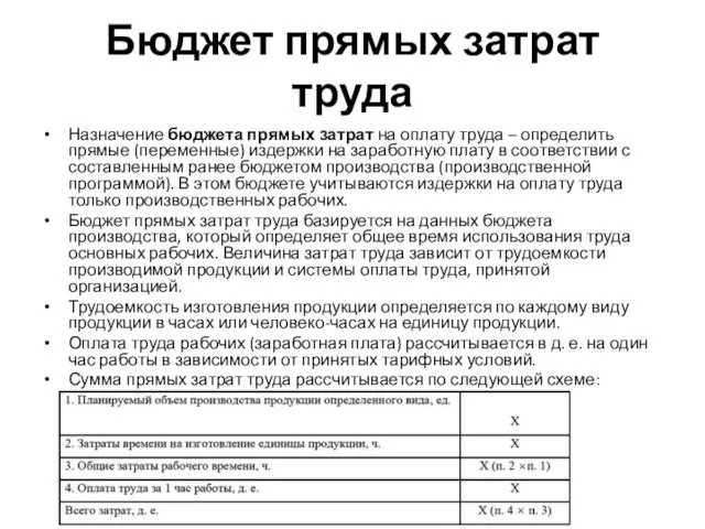 Бюджет прямых затрат труда Назначение бюджета прямых затрат на оплату труда –