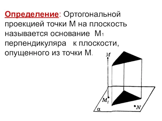 Определение: Ортогональной проекцией точки М на плоскость называется основание М1 перпендикуляра к