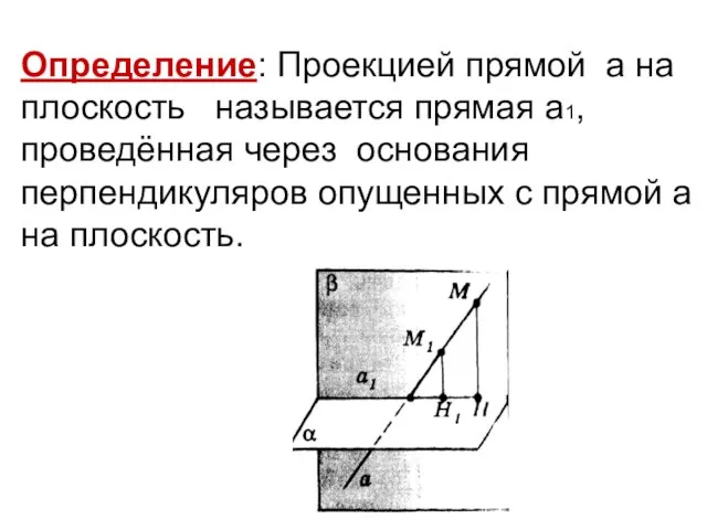Определение: Проекцией прямой а на плоскость называется прямая а1, проведённая через основания