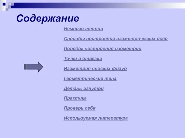 Содержание Немного теории Способы построения изометрических осей Порядок построения изометрии Точки и