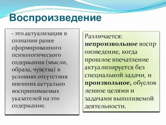 Воспроизведение - это актуализация в сознании ранее сформиро­ванного психологического содержания (мысли, образа,