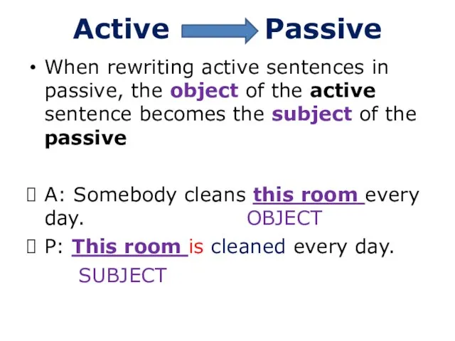 Active Passive When rewriting active sentences in passive, the object of the