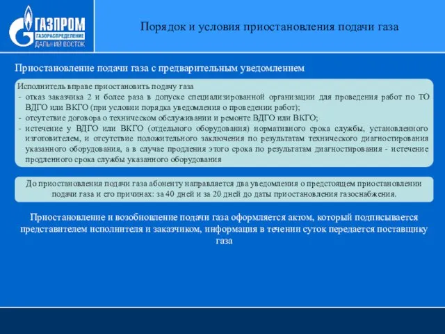 Порядок и условия приостановления подачи газа Исполнитель вправе приостановить подачу газа отказ