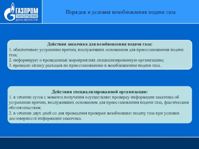 Действия заказчика для возобновления подачи газа: 1. обеспечивает устранение причин, послуживших основанием