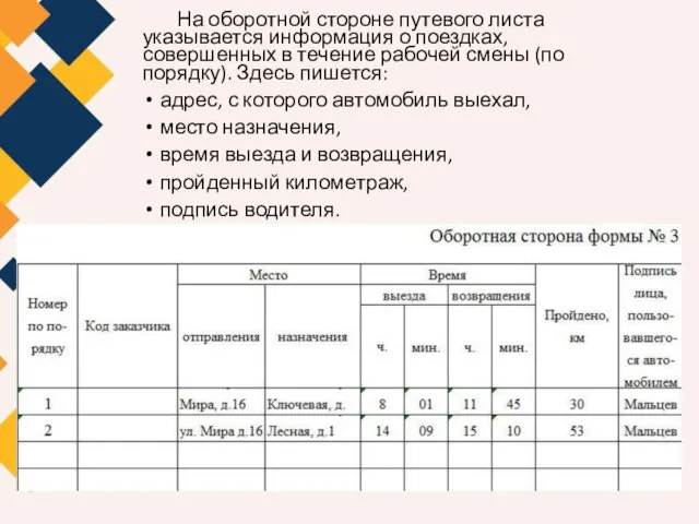 На оборотной стороне путевого листа указывается информация о поездках, совершенных в течение