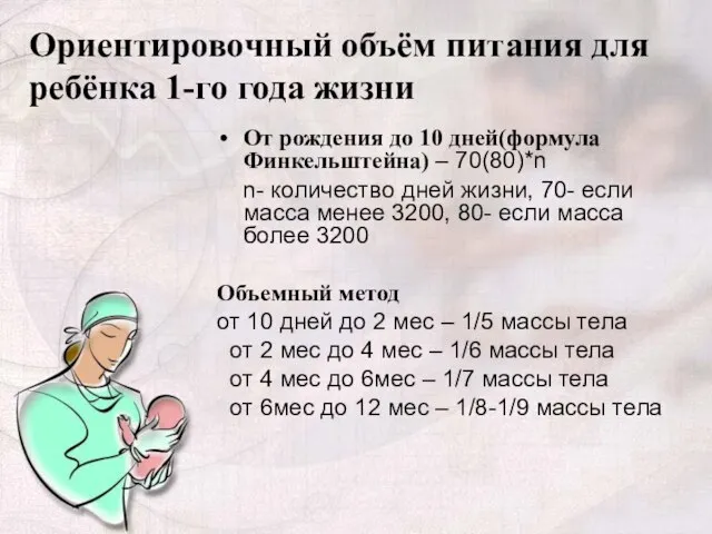 Ориентировочный объём питания для ребёнка 1-го года жизни От рождения до 10