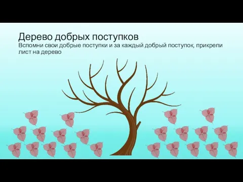 Дерево добрых поступков Вспомни свои добрые поступки и за каждый добрый поступок, прикрепи лист на дерево