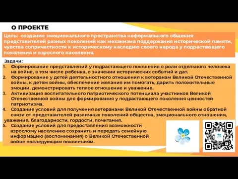 О ПРОЕКТЕ Задачи: Формирование представлений у подрастающего поколения о роли отдельного человека