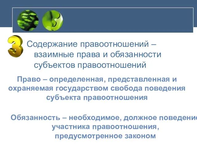 Содержание правоотношений – взаимные права и обязанности субъектов правоотношений Право – определенная,