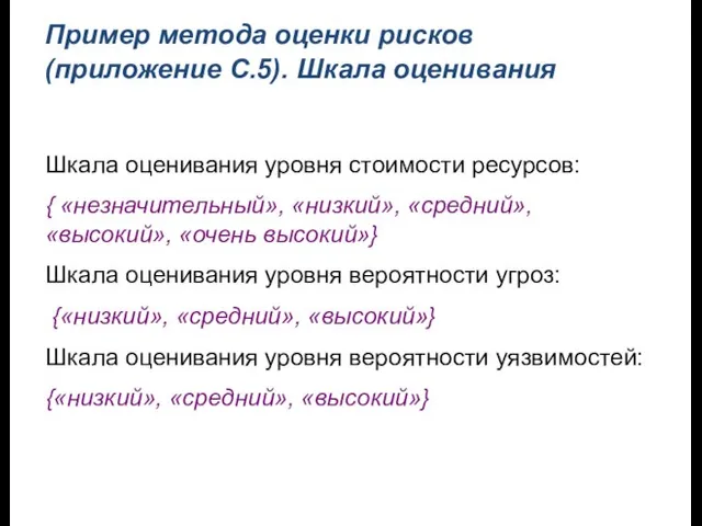 Пример метода оценки рисков (приложение С.5). Шкала оценивания Шкала оценивания уровня стоимости