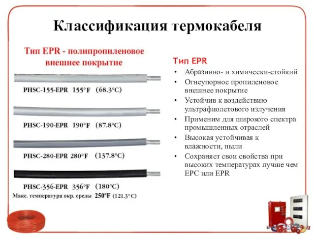 Классификация термокабеля Тип EPR Абразивно- и химически-стойкий Огнеупорное пропиленовое внешнее покрытие Устойчив