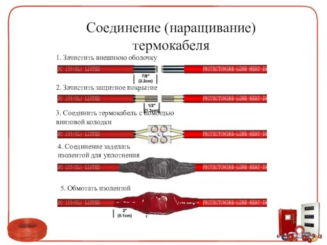 Соединение (наращивание) термокабеля 1. Зачистить внешнюю оболочку 2. Зачистить защитное покрытие 3.