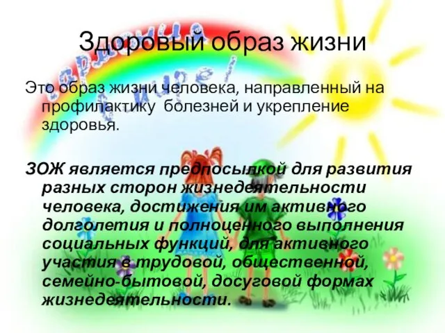 Здоровый образ жизни Это образ жизни человека, направленный на профилактику болезней и