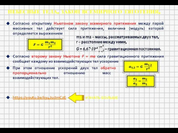 НЕБЕСНЫЕ ТЕЛА. ЗАКОН ВСЕМИРНОГО ТЯГОТЕНИЯ. Согласно открытому Ньютоном закону всемирного притяжения между