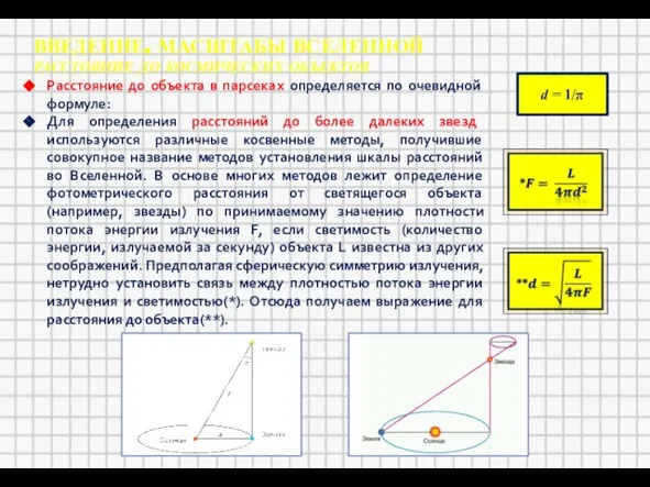 ВВЕДЕНИЕ. МАСШТАБЫ ВСЕЛЕННОЙ РАССТОЯНИЕ ДО КОСМИЧЕСКИХ ОБЪЕКТОВ Расстояние до объекта в парсеках