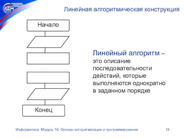 Информатика. Модуль 16. Основы алгоритмизации и программирования Линейная алгоритмическая конструкция Линейный алгоритм