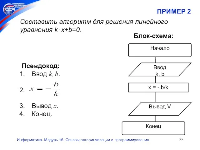 Информатика. Модуль 16. Основы алгоритмизации и программирования ПРИМЕР 2 Составить алгоритм для