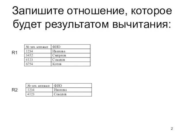 Запишите отношение, которое будет результатом вычитания: R1 R2