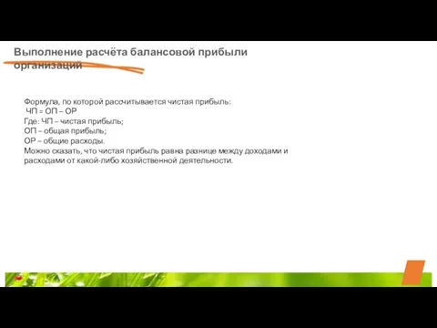 Выполнение расчёта балансовой прибыли организаций Формула, по которой рассчитывается чистая прибыль: ЧП