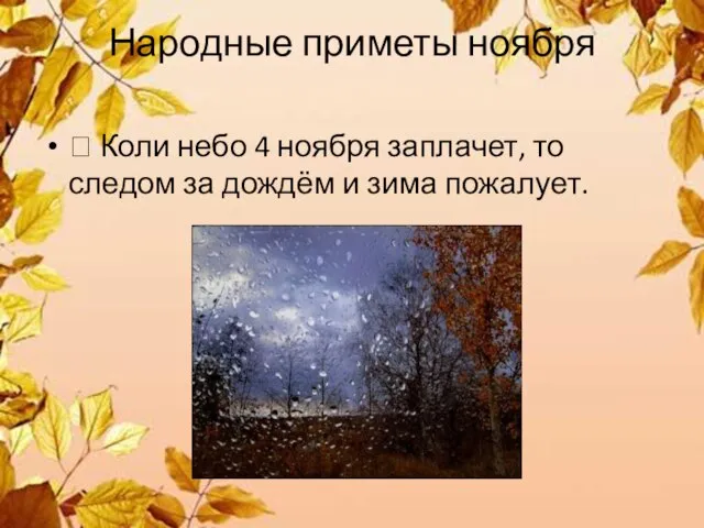 Народные приметы ноября  Коли небо 4 ноября заплачет, то следом за дождём и зима пожалует.