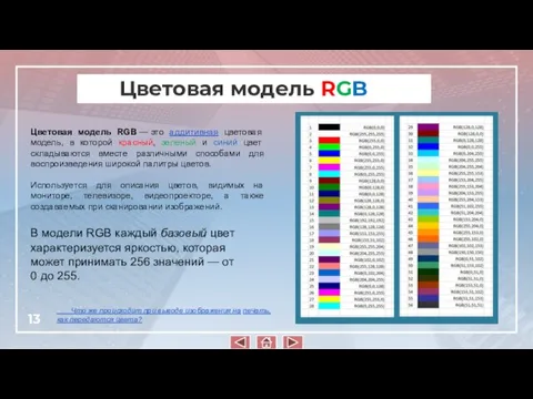 Цветовая модель RGB Цветовая модель RGB — это аддитивная цветовая модель, в