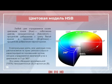 Цветовая модель HSB Любой цвет определяется своим цветовым тоном (Hue) — собственно