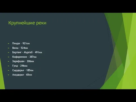 Крупнейшие реки Пяндж – 921км Вахш – 524км Бартанг - Мургаб –