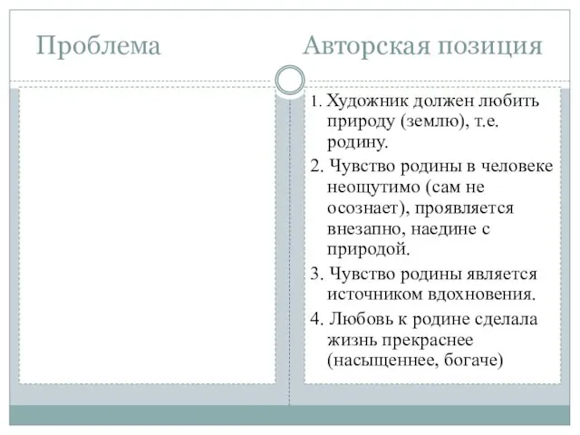 Проблема Авторская позиция 1. Художник должен любить природу (землю), т.е. родину. 2.