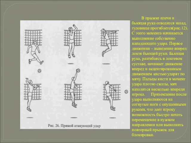В прыжке плечи и бьющая рука отводится назад, туловище прогибается(рис.12). С этого