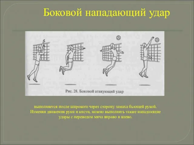 Боковой нападающий удар выполняется после широкого через сторону замаха бьющей рукой. Изменяя