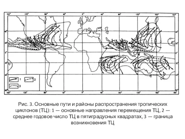 Рис. 3. Основные пути и районы распространения тропических циклонов (ТЦ): 1 —