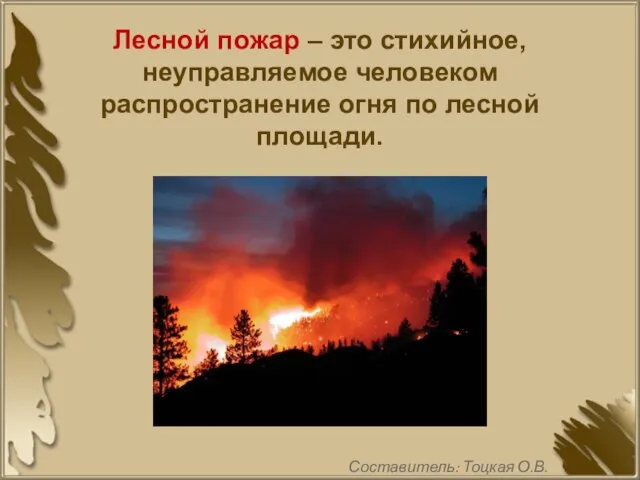 Лесной пожар – это стихийное, неуправляемое человеком распространение огня по лесной площади. Составитель: Тоцкая О.В.