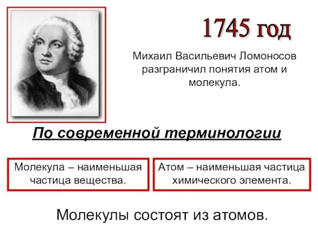 1745 год Михаил Васильевич Ломоносов разграничил понятия атом и молекула. По современной