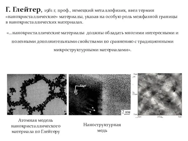 Г. Глейтер, 1981 г, проф., немецкий металлофизик, ввел термин «нанокристаллические» материалы, указав