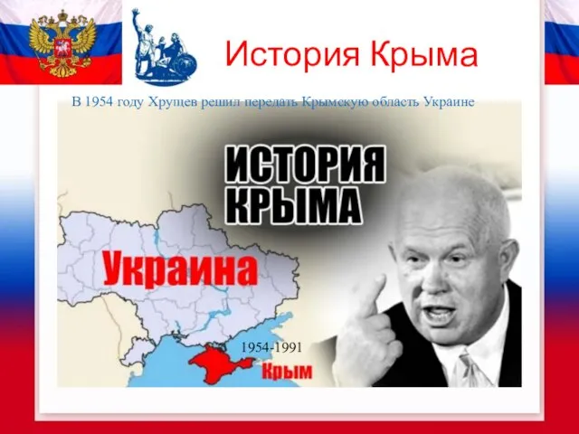 История Крыма 1954-1991 В 1954 году Хрущев решил передать Крымскую область Украине