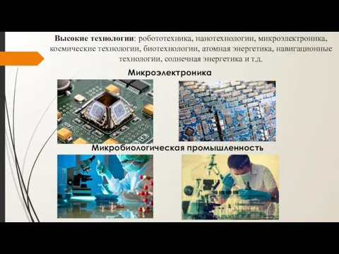 Микроэлектроника Микробиологическая промышленность Высокие технологии: робототехника, нанотехнологии, микроэлектроника, космические технологии, биотехнологии, атомная