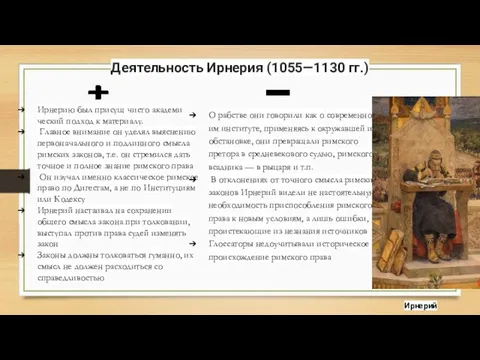 Деятельность Ирнерия (1055—1130 гг.) Ирнерию был присущ чисто академи­ческий подход к материалу.