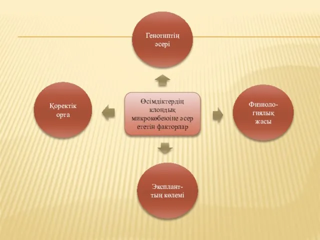 Өсімдіктердің клондық микрокөбеюіне әсер ететін факторлар Эксплант- тың көлемі Физиоло- гиялық жасы Генотиптің әсері Қоректік орта