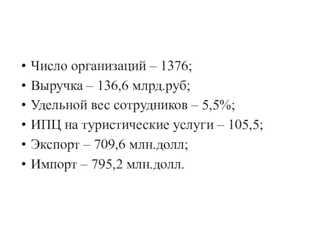 Число организаций – 1376; Выручка – 136,6 млрд.руб; Удельной вес сотрудников –