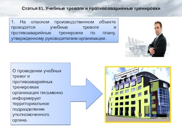 Статья 81. Учебные тревоги и противоаварийные тренировки 1. На опасном производственном объекте