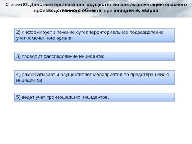 Статья 82. Действия организации, осуществляющей эксплуатацию опасного производственного объекта, при инциденте, аварии