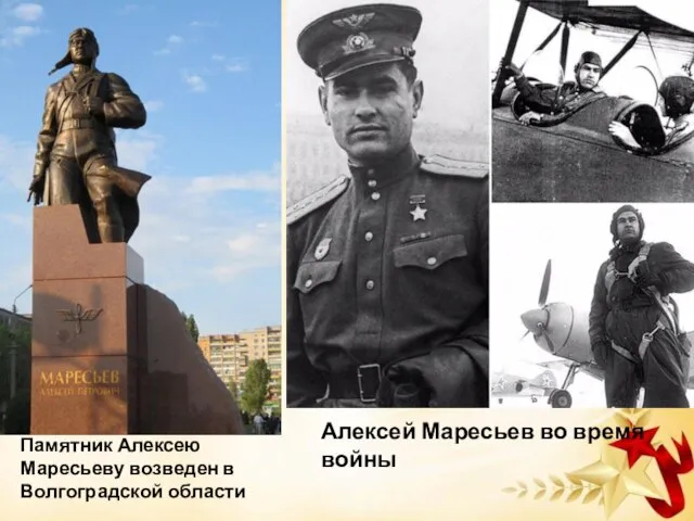 Алексей Маресьев во время войны Памятник Алексею Маресьеву возведен в Волгоградской области