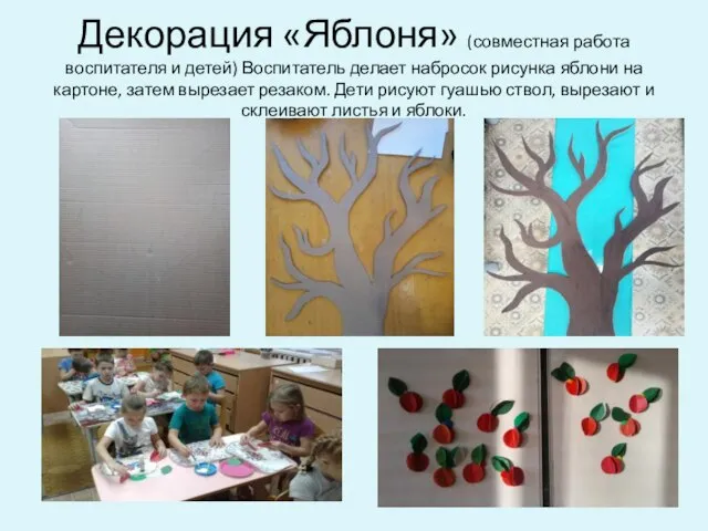Декорация «Яблоня» (совместная работа воспитателя и детей) Воспитатель делает набросок рисунка яблони