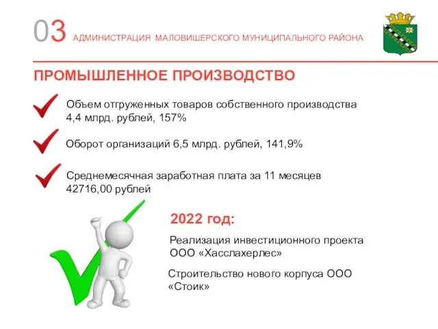 03 АДМИНИСТРАЦИЯ МАЛОВИШЕРСКОГО МУНИЦИПАЛЬНОГО РАЙОНА ПРОМЫШЛЕННОЕ ПРОИЗВОДСТВО Объем отгруженных товаров собственного производства