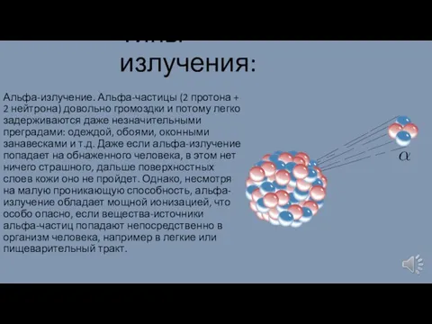 Типы излучения: Альфа-излучение. Альфа-частицы (2 протона + 2 нейтрона) довольно громоздки и